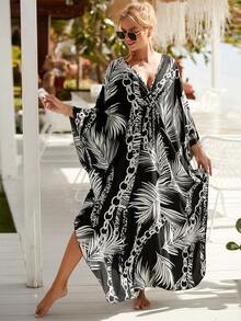 熱帶圖案蝙蝠袖罩衫連衣裙 - 黑與白 - 查看 5