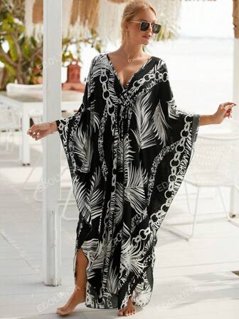 Tropical Print Batwing Sleeve Cover Up Kaftan Dress Summer