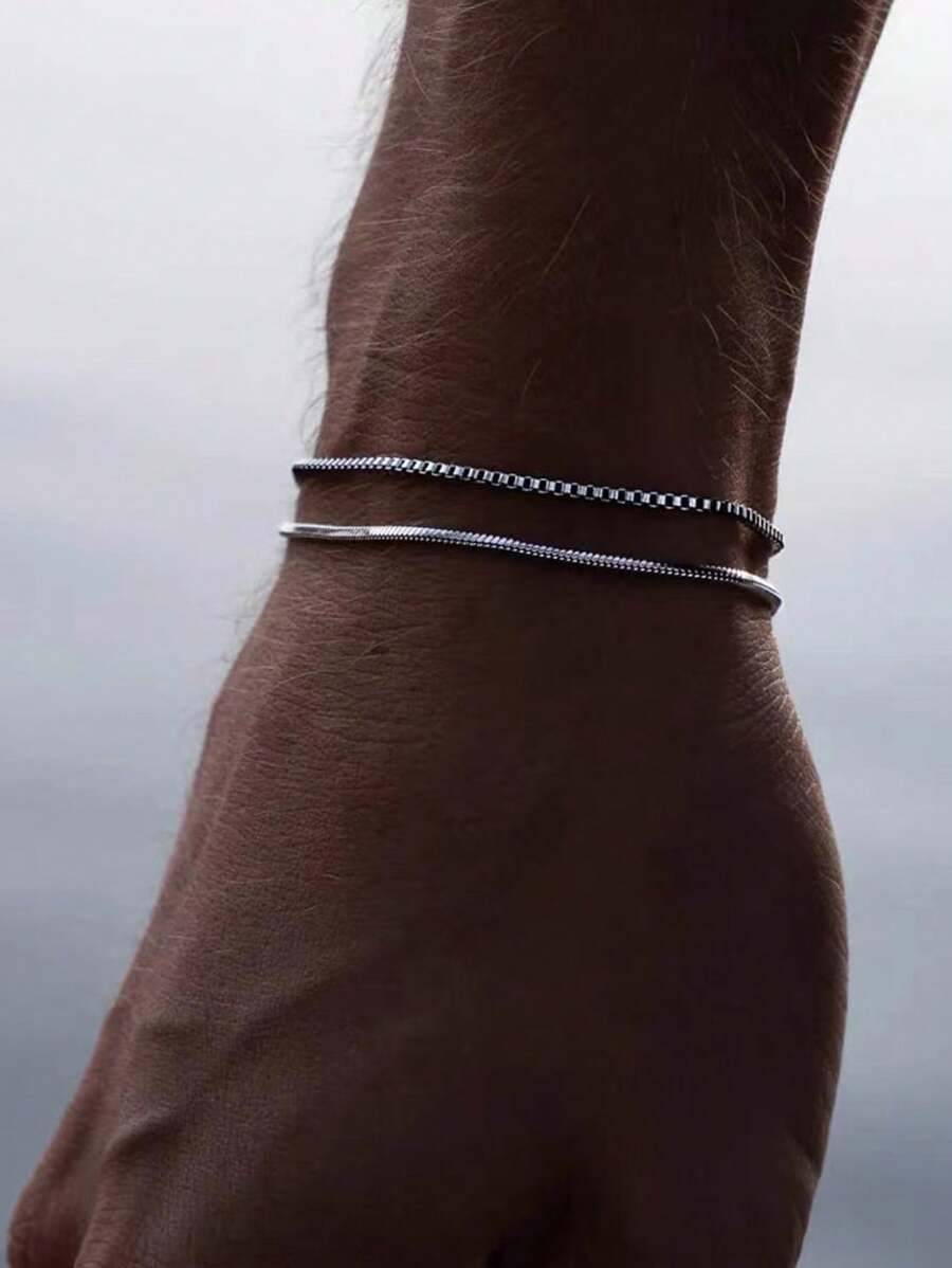 2pcs/set Stainless Steel Silver Minimalist Style Bracelet For Men - Silver - View 1