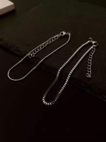 2pcs/set Stainless Steel Silver Minimalist Style Bracelet For Men - Silver - View 4