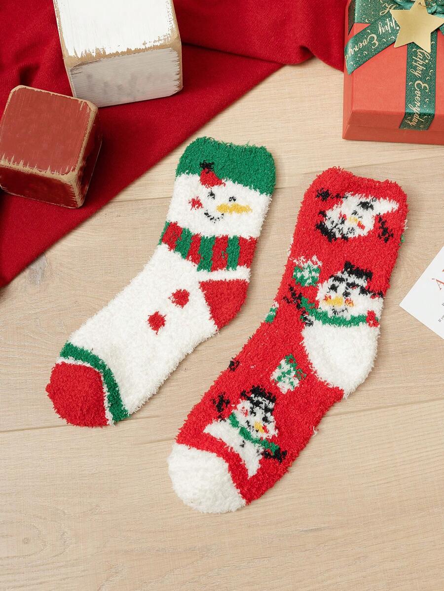 2 双男女通用柔软透气中长袜，圣诞图案，防臭，适合日常穿着或送礼