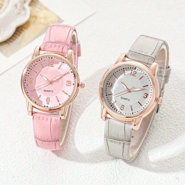 2pcs/set Combination Watch For Women, Luxury And Fashionable Rose Gold, White And Light Blue, Elegant Digital Dial, Pu Leather Strap, Great For Women's Day Festival Gift