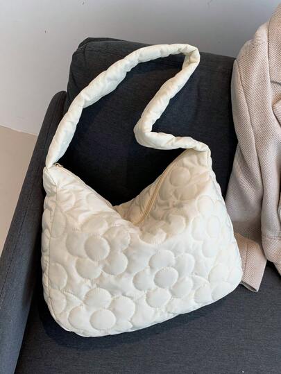 1pc White Embroidery Thread Nylon Large Capacity Zipper Fashionable Shoulder Bag, Suitable For Women's Daily Use