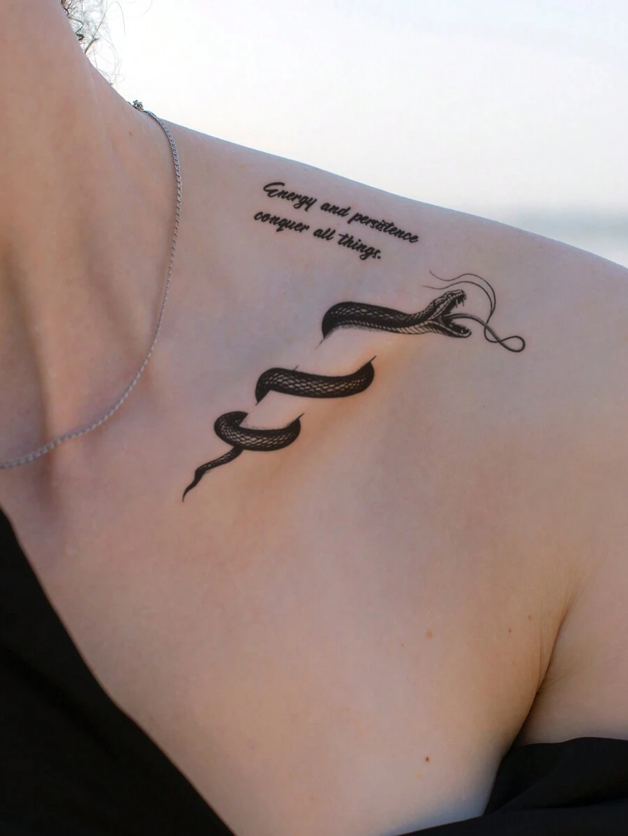 1張黑色抽象小蛇紋身暫時貼紋,適用於肩部、頸部、鎖骨、身體