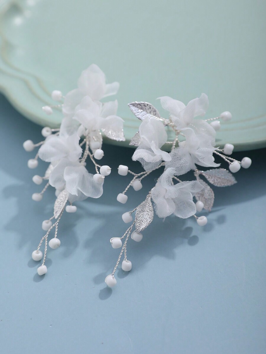 2pcs/Set Ladies' Elegant Bridal Earrings With White Mesh Flowers