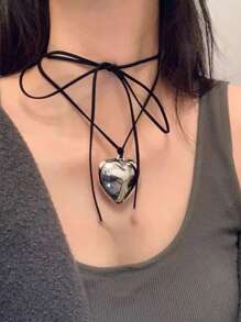 1入甜美而酷的心形墜飾項鍊,簡單長流蘇裝飾和絨面蠟線 - 銀色 - 查看 1