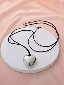 1入甜美而酷的心形墜飾項鍊,簡單長流蘇裝飾和絨面蠟線 - 銀色 - 查看 2