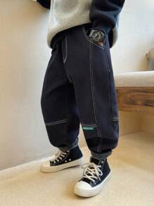 厚实保暖的年轻男孩牛仔裤，带保暖内衬，秋冬季 - 藏蓝色 - 查看 1