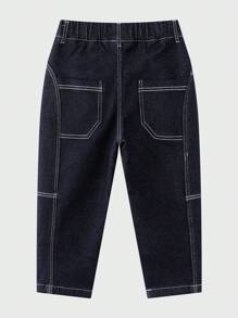 厚实保暖的年轻男孩牛仔裤，带保暖内衬，秋冬季 - 藏蓝色 - 查看 4