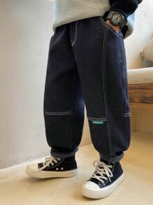 厚实保暖的年轻男孩牛仔裤，带保暖内衬，秋冬季 - 藏蓝色 - 查看 3