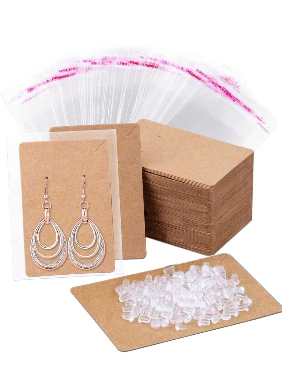 耳環卡片,100張耳環展示卡,附200個耳環背扣和100個自封袋,適用於耳環項鍊珠寶展示,牛皮色3.5x2.4英寸 - 薑色 - 查看 1