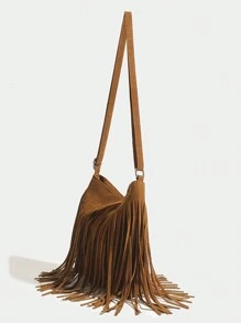1 pieza Bolso saco de mujer vintage con flecos, bolso bandolera pequeño reversible con flecos