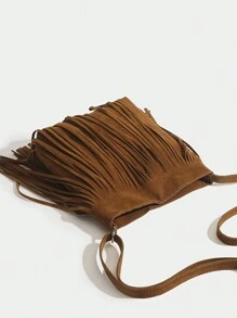 1 pieza Bolso saco de mujer vintage con flecos, bolso bandolera pequeño reversible con flecos