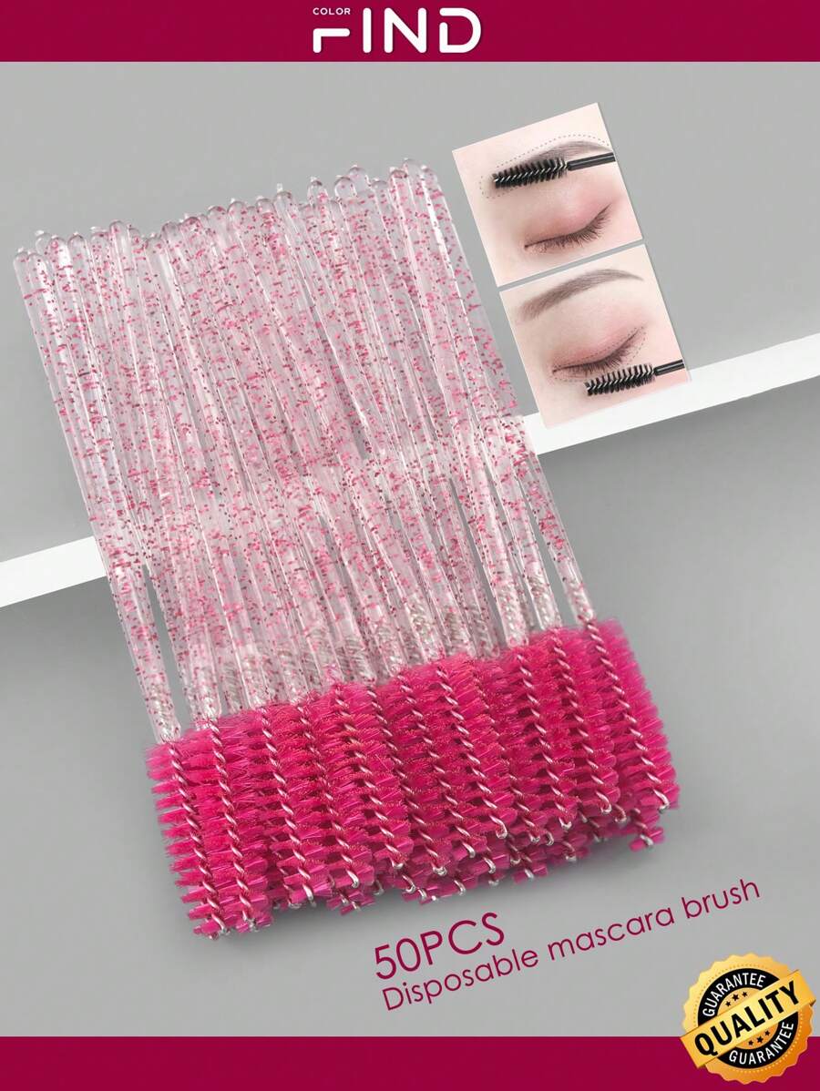50pcs Disposable Eyelash Brush & Curler & Wand For Makeup, Sterilized, Popular, Suitable For Home And Gifting - Hot Pink - View 1