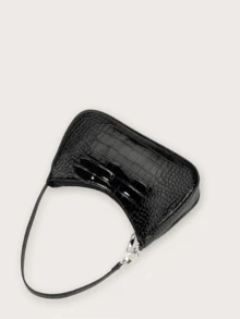 Crocodile Pattern Shoulder Bag/baguette Bag For Teenage Girls - Black - View 3