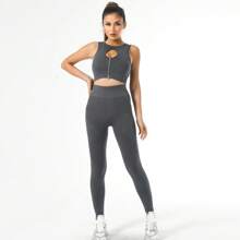 高彈性女士瑜珈褲,提臀,無縫深灰色塑身褲 - 深灰色 - 查看 3