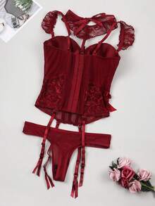 Lace Lingerie Set For Women, Including Bra, Panties, And Stockings, Sexy Style - Burgundy - View 5
