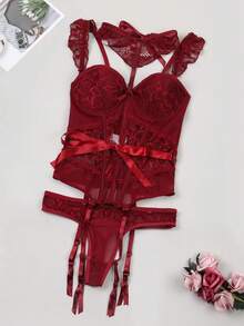 Lace Lingerie Set For Women, Including Bra, Panties, And Stockings, Sexy Style - Burgundy - View 4
