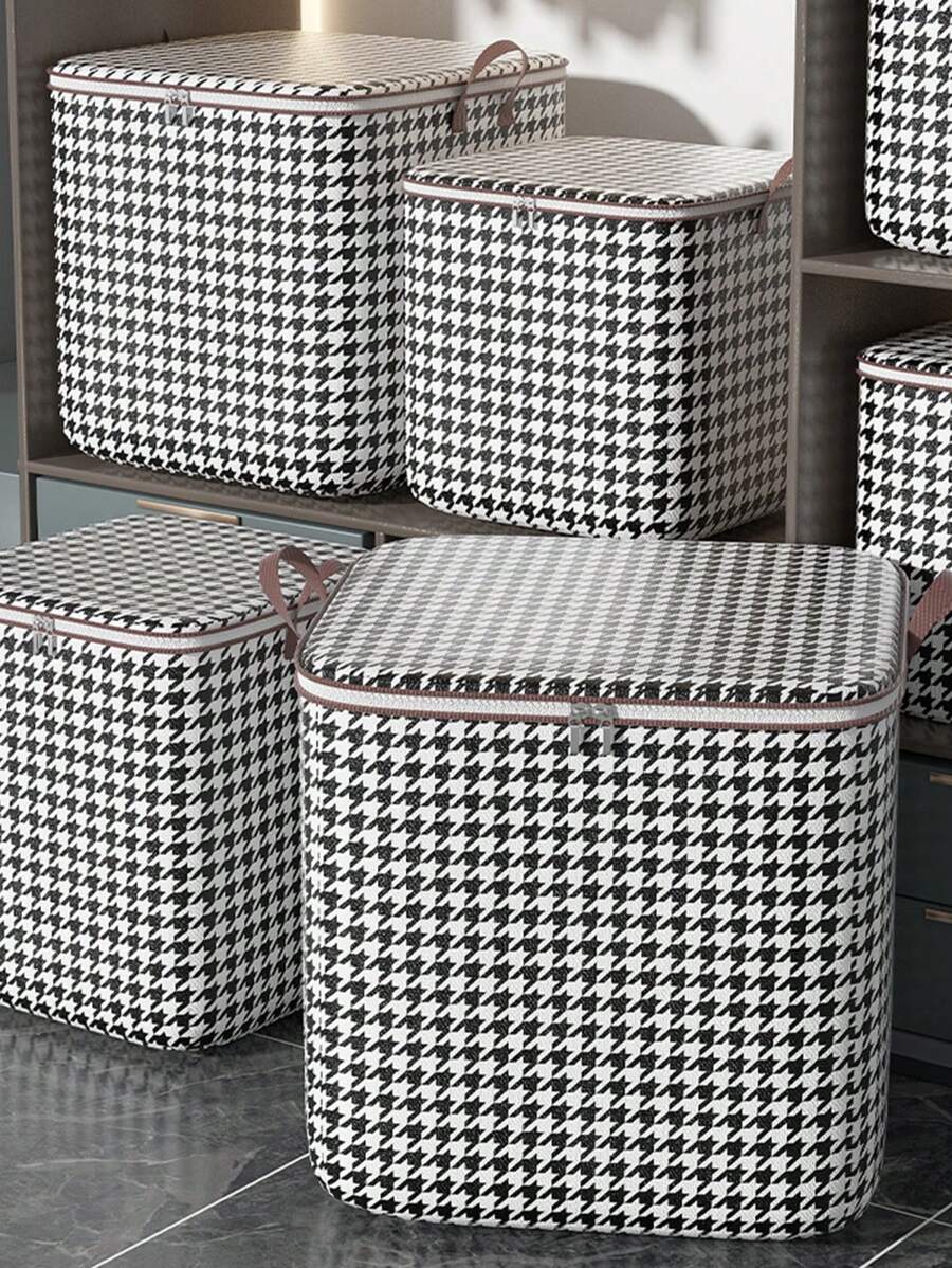 1pc Houndstooth Print Clothes Storage Bag - Black and White - View 1