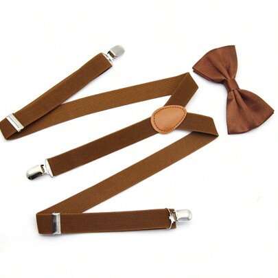 1 Set Men's Solid Color Suspenders & Bow Tie Set, Men's Solid Color Elastic Suspenders, Bow Tie Set, High Density Thickened Suspenders (Length 60-90cm) For Going Out Outfit Wedding Party And For Gift Autumn-Winter Accessories Halloween Costume,Suitable For Teens, Youth,Men,Casual, Outdoor, Athletic, Vacation, Graduation Gifts, Birthday, Daily Wear