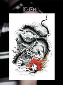 龍紋防水暫時性刺青貼紙,龍珠和雲朵設計逼真,兇猛男子手臂一次性使用紋身貼紙 - 黑色 - 查看 3