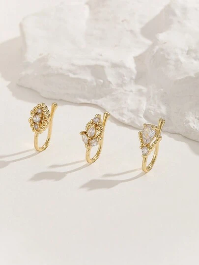 3pcs Fashionable Copper Zirconia Heart & Leaf Fake Nose Ring Set, Suitable For Women's Daily Wear, Mother's Day Gift