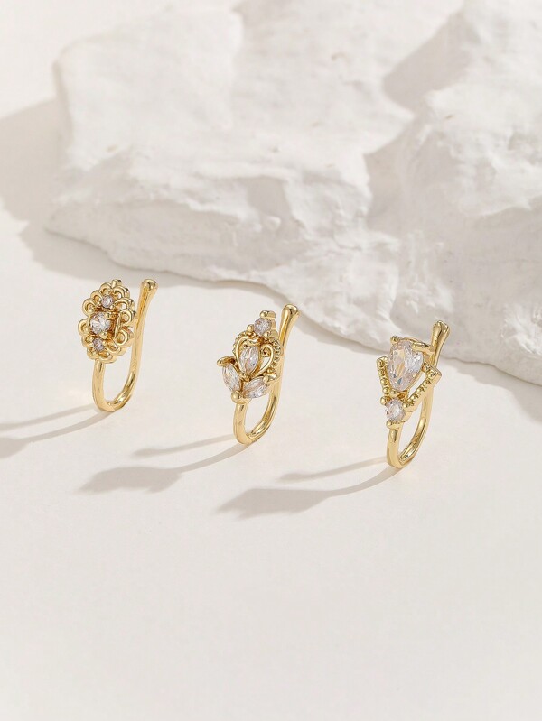 3 Stücke/set Modischer Kupfer Und Künstlicher Zirkonia Herz- Und Blatt-förmiger Falscher Nasenring, Geeignet Für Den Täglichen Gebrauch Von Frauen