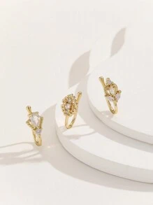 Bộ 3 khuyên mũi giả hình trái tim và lá bằng đồng đính đá Zirconia thời trang, thích hợp cho nữ giới đeo hàng ngày, quà tặng Ngày của Mẹ. - Vàng - Xem 2