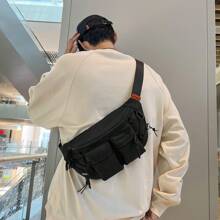 时尚斜挎胸包，容量大，适合运动休闲，男士单肩包斜挎包单肩包侧包度假必备品，适合旅行通勤大学学校，轻便随身携带，配有可调节肩带，尼龙简约便携 - 黑色 - 查看 1