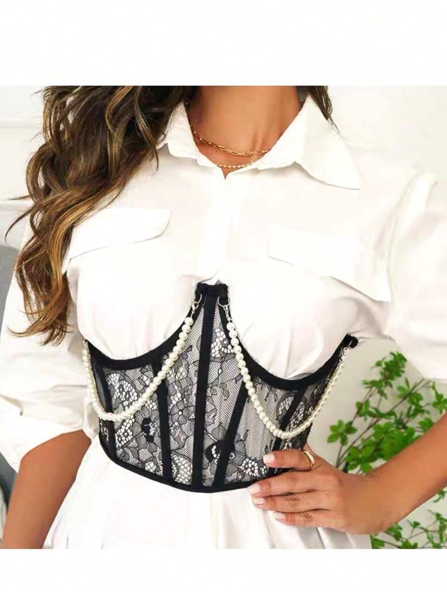 Cinturilla con perlas varilla y encaje - Negro - Ver 1