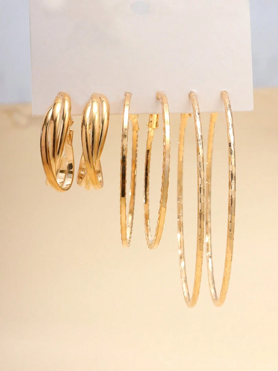 3對/組誇張女式y2k紋理經典圓形耳環 - 金黃色 - 查看 1