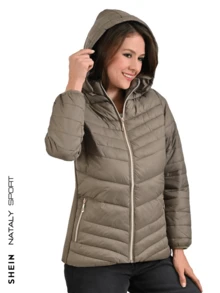 Women's Navy Blue Jacket With Hat And Lined - Camel - View 2