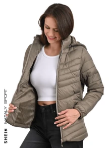 Women's Navy Blue Jacket With Hat And Lined - Camel - View 4