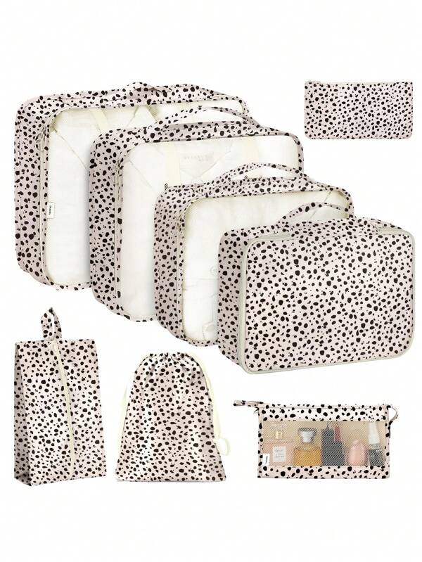 Leopard Print Travel Bag Set 8 Pieces Bag Pack Clothes Shoes Pack Bag Travel Portable Leopard Print Leopard Bag Minimalist Travel Essentials For Travel Backpack Travel Bag Luggage Suitcase Travel Gear Back To School Moving Bags Organizer