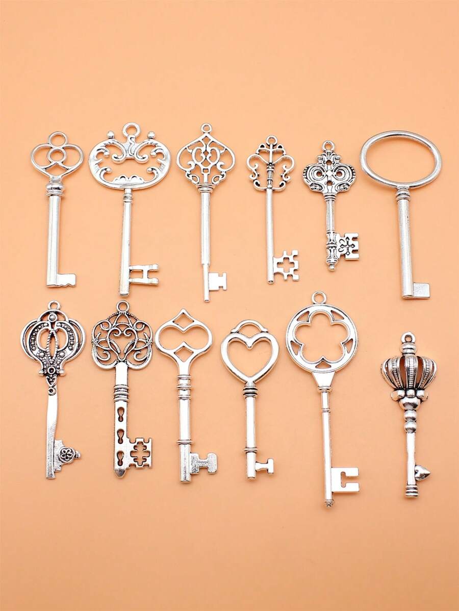 12入組大鑰匙吊墜鉤釦珠寶收藏品,12種風格,每款1個,可用於diy珠寶製作 - 復古銀色 - 查看 1