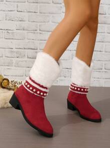 Women's Christmas Red & White Plush Collar & Pearl Decor Pointed Toe Chunky & Medium Heel Fashion Party Red Mid-calf Boots