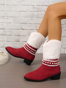 Women's Christmas Red & White Plush Collar & Pearl Decor Pointed Toe Chunky & Medium Heel Fashion Party Red Mid-calf Boots