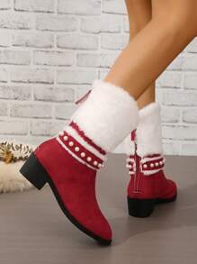 Women's Christmas Red & White Plush Collar & Pearl Decor Pointed Toe Chunky & Medium Heel Fashion Party Red Mid-calf Boots