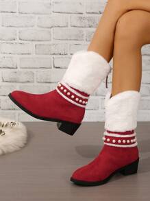 Women's Christmas Red & White Plush Collar & Pearl Decor Pointed Toe Chunky & Medium Heel Fashion Party Red Mid-calf Boots