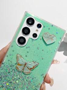 1入綠色新款防震閃亮星空tpu手機殼附diy蝴蝶、玫瑰和心形裝飾,兼容iphone、samsung、oppo和其他安卓手機 - 綠色 - 查看 4