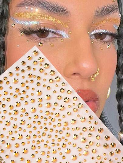 STARTTOOS 金色多尺寸和 3D 仿宝石脸部和眼部贴纸 DIY 音乐节 Y2k 化妆派对装饰