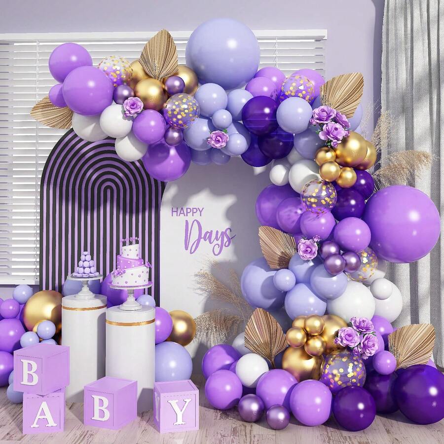 紫色氣球拱門套件,116個紫金氣球,包括馬卡龍紫色氣球、深色/淺色紫色氣球、白色膠氣球、金色金屬氣球、彩色彩帶氣球,適用於女孩生日、婚禮派對裝飾和嬰兒淋浴用品 - 彩色 - 查看 1
