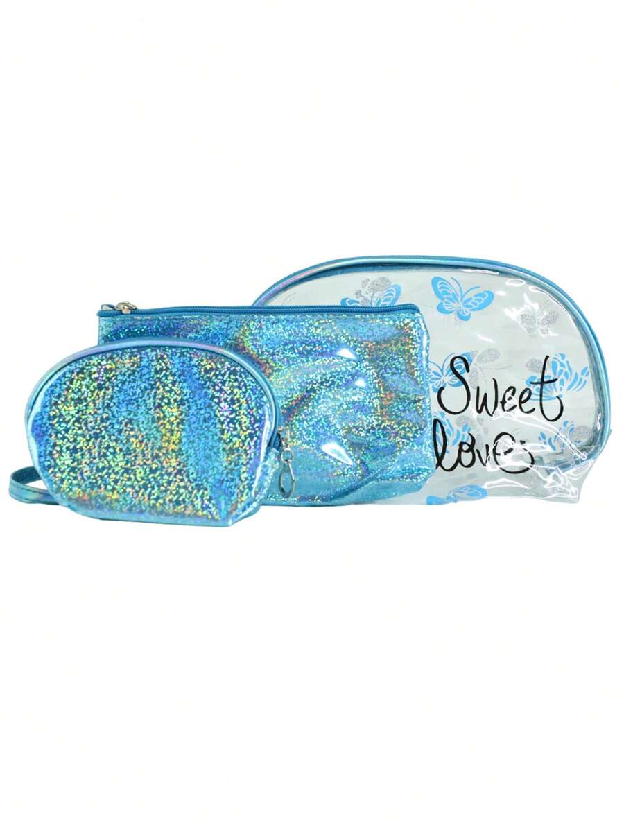 Set de 3 piezas Cosmetiqueras Neceseres con Deslumbrante Diseño Tornasol y Transparencias Kit de 3 Bolsas para cosméticos Maquillaje: Prácticas, Portátiles y Resistentes Uso Diario - Azul - Ver 1