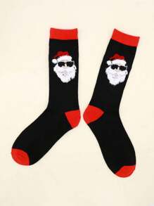1雙男士聖誕襪,聖誕帽圖案襪,聖誕糖果狗襪聖誕襪 - 黑色 - 查看 3