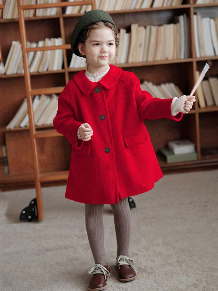 Girls' Long Overcoat With Loose Fit And Double Sided Design For Warmth - Red - View 1