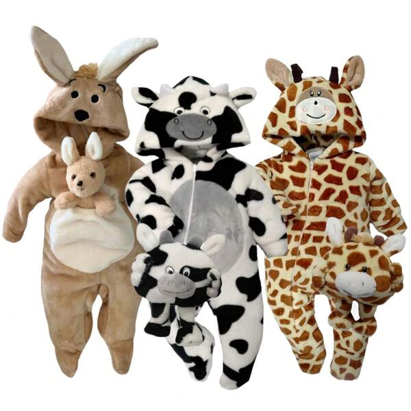 Baby Kisses Kit 3 Mamelucos con gorro bordado Canguro, Vaca, Jirafa