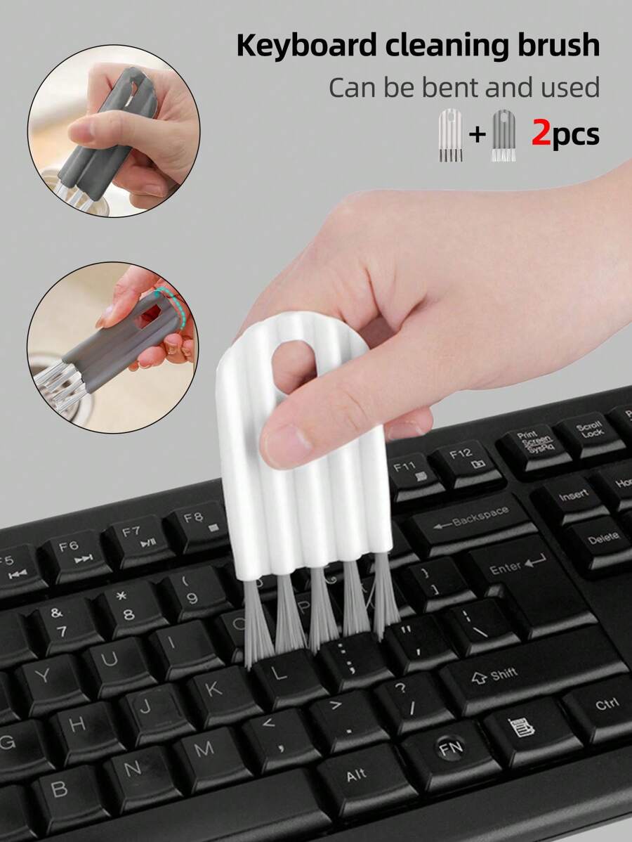 2pcs/pack Bendable Groove Cleaning Brush, Ideal For Keyboard, Crevice, Cup And Cover Cleaning, White & Gray
