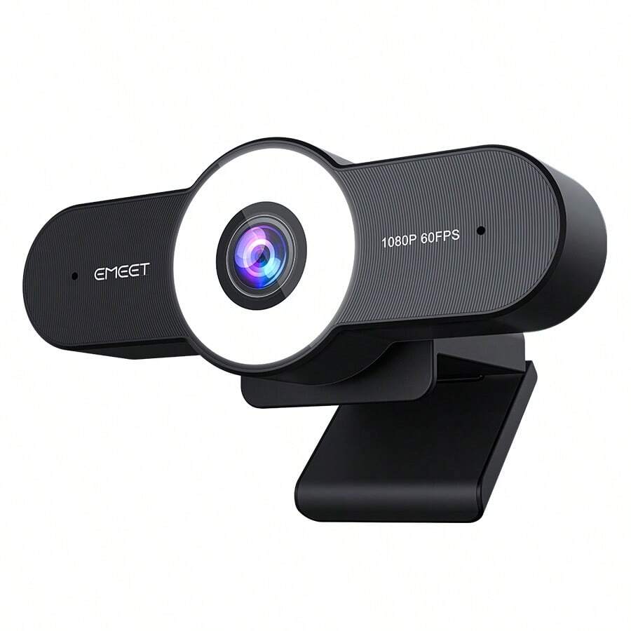 EMEET C970L 1080P Webcam With Microphone 60FPS With Light, 3 Level Lights, 2 Noise-Proof Mics, Computer Camera With Privacy Mode, Autofocus HD Webcam For Meeting/Gaming/Class - Black - View 1