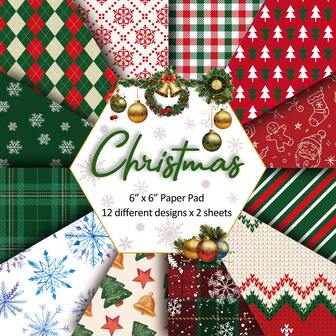 Scrapbook Paper Pad 6"×6", 24 Sheets Christmas Scrapbooking Supplies Kit, 160gsm Single-Sided Pattern Paper, Designer Planner Paper, Junk Journal Craft Paper, Card Making Supplies