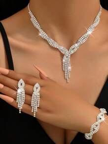 4 pièces Femme Set De Bijoux Avec À Strass Incrusté Colliers , Boucles D'oreilles , bracelets , Mariage Accessoire
